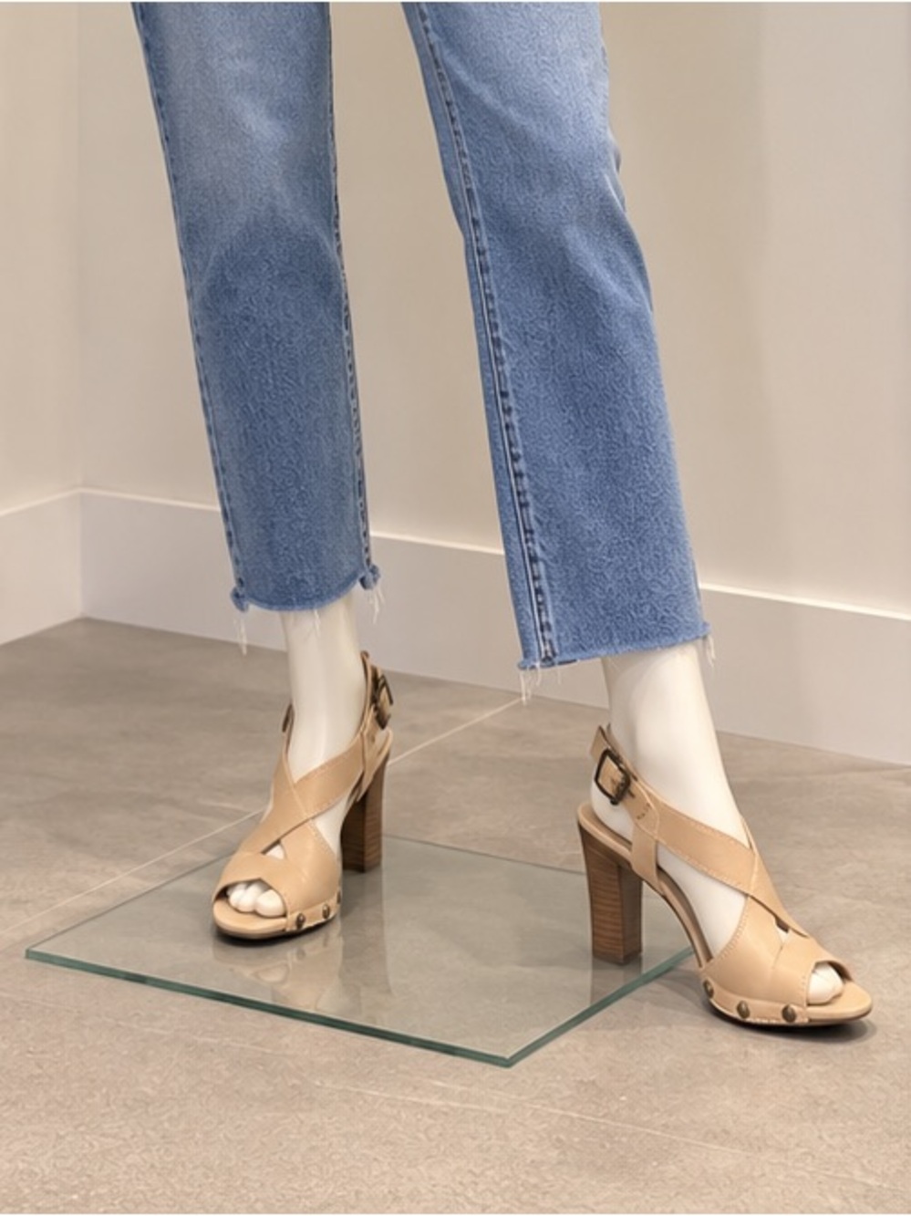 Stuart Weitzman Beige Leather Cross-Strap Block Heel Sandals
